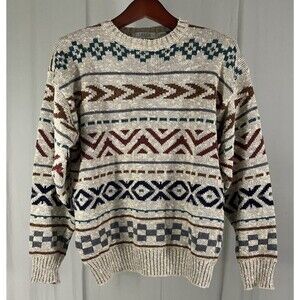VTG I. Magnin Sweater Linen Cotton Blend Grandpacore Tan Pattern Men’s Sz L